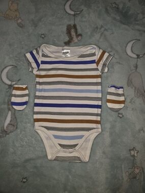 Striped Short-Sleeve Baby One-Piece With Matching Mittens 0-3 months